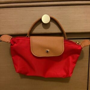 Red with Cognac Brown Le Pliage Mini Pouch with Strap & Top Handle Crossbody
